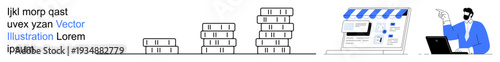 E-commerce, online shopping, digital business, financial growth, entrepreneurship, technology services. Stacked coins, online store front and person on laptop. E-commerce and online shopping