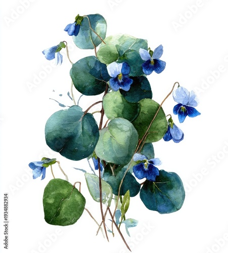 Watercolor painting of a botanical arrangement featuring vibrant blue violets and green leaves