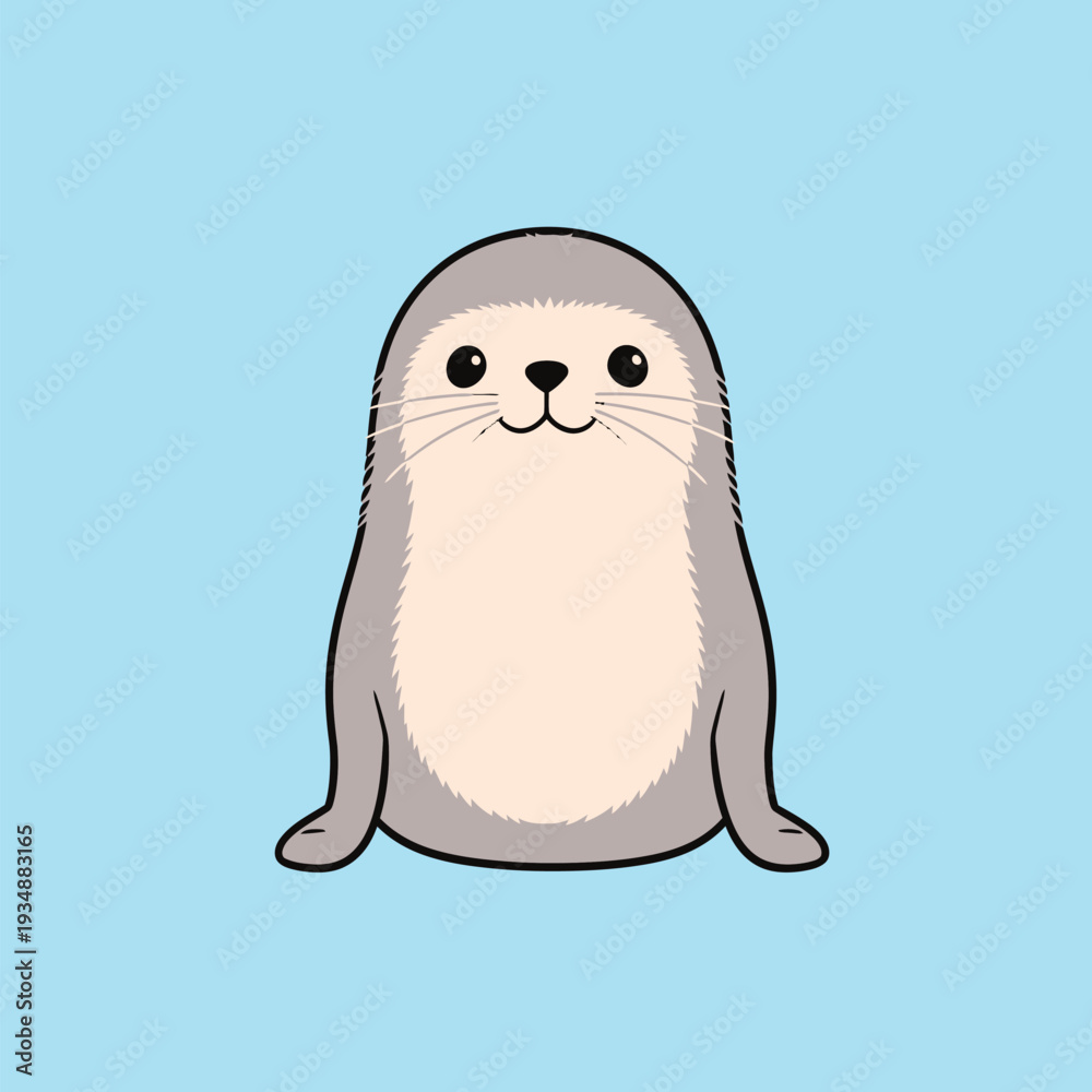 Obraz premium A cartoon seal is showing a happy face while sitting on a light blue background. Its features are simple and friendly.