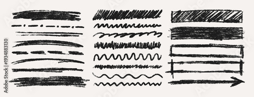 Hand Drawn Crayon Scribble Highlight. Vector Pencil Lines, Wavy Strokes, Rectangle Frames in Black Color. Doodle Chalk Textures Set in Kids Style for Sticker, Banner, Poster, Web Design