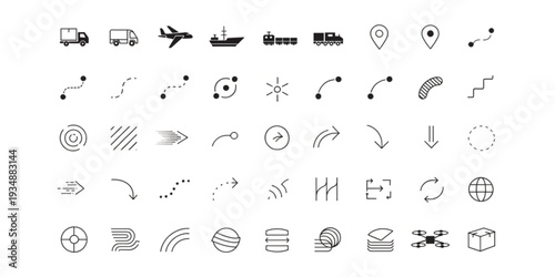 Versatile modern vector line icons set for digital interfaces, featuring logistics, global transport, data flow, navigation, and diverse user interaction elements
