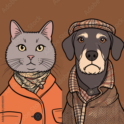 A cat and a dog wear stylish coats and scarves, standing together against a warm background. They seem ready for an outing.