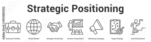 Strategic Positioning web banner icon vector illustration concept for business with icon of Business Portfolio, Global Market, Strategic Partnership, Investor Presentation, Marketing Campaign, Target.