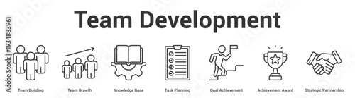Team Development web banner icon set vector illustration concept for business with icon of Team Building, Team Growth, Knowledge Base, Task Planning, Goal Achievement, Achievement Awa.