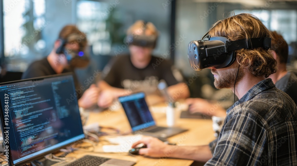 Obraz premium team collaborating through virtual reality coding on blurred background
