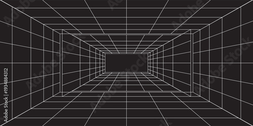 Futuristic digital hallway space blank gray-black color background with white grid space line color surfaces. Cyber, technology, banners, covers, terrain, sci-fi, frames, and related background.