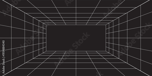 Futuristic digital hallway space blank gray-black color background with white grid space line color surfaces. Cyber, technology, banners, covers, terrain, sci-fi, frames, and related background.