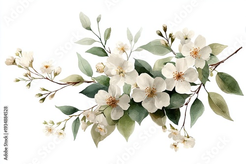 Watercolor illustration of delicate white flowers with green leaves on slender branches