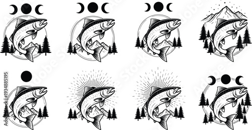Jumping trout fish emblem vector set with moon phases and mountain fishing logos