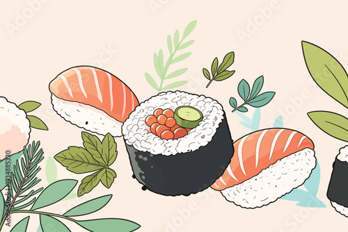 Sushi rolls are designed with salmon, cucumber, and fish eggs next to green leaves on a light colored background.