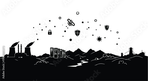 Futuristic cityscape with spacecraft and satellites in night sky, modern urban landscape with mountains and river, sci-fi illustration