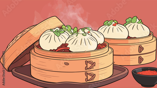 Steamed dumplings sit in bamboo baskets with herbs on top. A small bowl of dipping sauce is nearby.