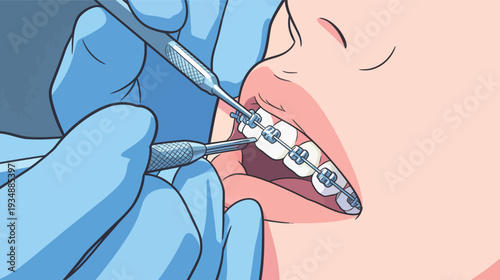 A patient sits in a dental chair while a dentist works on adjusting braces with dental tools. This happens in a dental clinic.