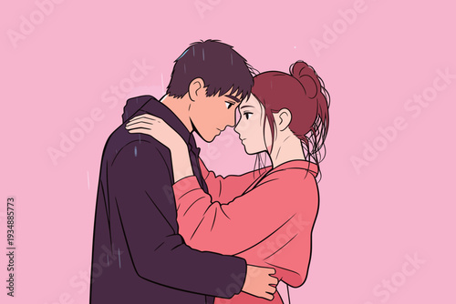 Two people are embracing each other closely, sharing a moment in the rain against a pink background.