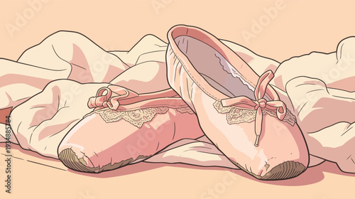 Ballet shoes sit on a bed with soft fabric, suggesting a dancer's break after practice in a cozy indoor space.