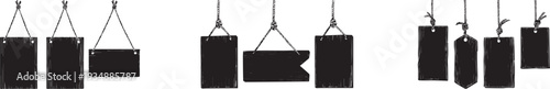 Minimal hanging signboard icons collection showing blank shop signs and business board symbols suspended with ropes, representing store signage, retail display and advertising concept isolated on whit