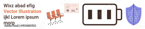 Workplace productivity, energy, technology, corporate security, business analytics, collaboration. Office chairs, battery icon shield and data chart. Productivity and energy concept