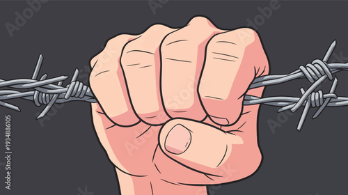 A hand holds onto barbed wire, showing strength and determination in the face of adversity. This moment captures a fight for freedom.