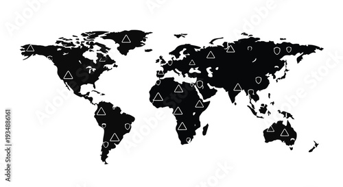 World map illustration with triangular icons on continents, global navigation, geography concept, travel and tourism, educational and informative visual aid