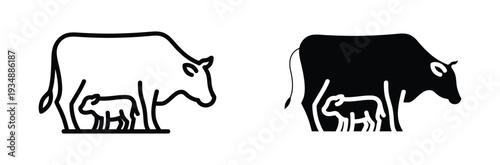 Cow and Calf Icon for Dairy Farming and Livestock Agriculture Concept. Vector Illustration.