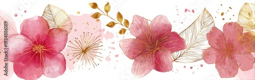 Watercolor floral design with pink flowers, gold leaves, and splatters on white