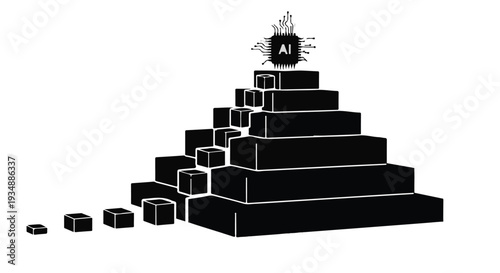 Pyramid of black 3D blocks with AI robot on top, futuristic technology concept, artificial intelligence, innovation, robotic, automation, business, finance, growth, success