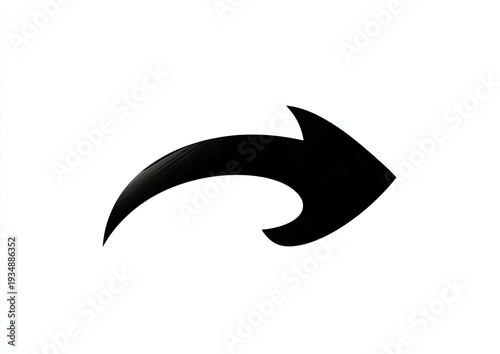 Black curved arrow pointing right on white background. Simple and graphic design element