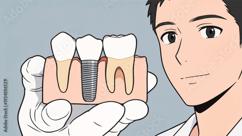 A man holds a dental implant model to demonstrate how teeth can be replaced in a clinic during a dental procedure.