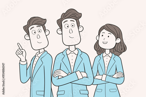 Three individuals in blue jackets stand close together looking at the viewer with smiles. They show different expressions and poses.