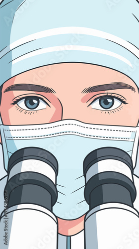 A person wearing a mask and head covering looks through a microscope in a lab. The focus is on the eyes and microscope lens.