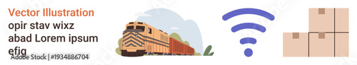 Logistics technology, shipping, transportation, supply chain management, inventory, wireless connections. Freight train, wireless symbol and cardboard boxes . Logistics technology and shipping