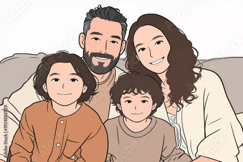 Four family members sit on a couch, smiling and looking at the camera. Two children are next to their parents in a warm setting.