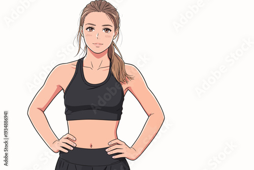 A young woman stands with hands on her hips in athletic clothing inside a well-lit studio. She has a cheerful expression on her face.