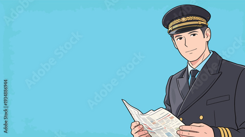 A pilot stands holding flight instructions while wearing a uniform with a cap. The background is a solid blue color.