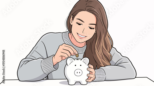 A woman sits at a table with a piggy bank and smiles as she drops a coin into it to save money for future needs.