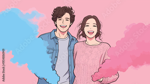 Two young adults are smiling and holding colorful smoke bombs. They are enjoying a fun moment together outdoors in bright daylight.