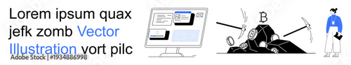 Cryptocurrency, data mining, digital investments, blockchain technology, modern finance, online systems. Computer screen, mining tools coins and a figure in blue clothing. Cryptocurrency and data