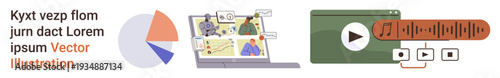 Data visualization, teamwork, online education, project planning, multimedia production, content management. Pie chart, laptop with collaboration tools and media player interface. Data visualization