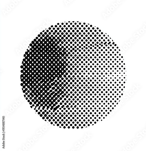 A circular shape filled with a halftone pattern transitioning from dense black to sparse dots