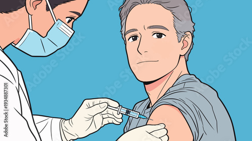 A health worker administers a vaccine to a patient in a clinic. The setting shows a simple background and interaction between them.