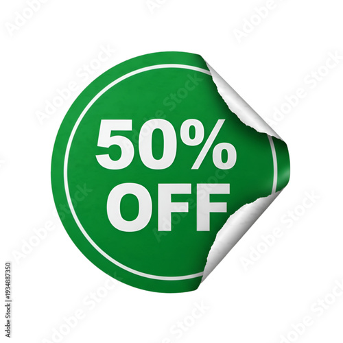 Eye-catching discount offer badge showing fifty percent off in vibrant green and white design. isolated on transparent background, Vector