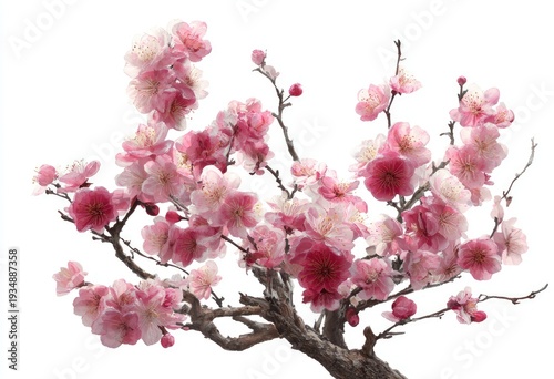Blooming branches display pink and white blossoms against a bright white background
