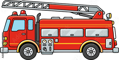 Red Ladder Fire Truck Cartoon Vector, Emergency Fire Engine Side View Illustration Isolated