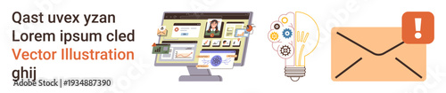 Technology, innovation, communication, creative solutions, alerts, online services. A computer screen, light bulb with gears and envelope icon with exclamation mark. Technology and innovation