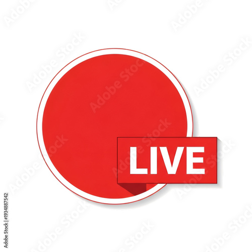 Red circular badge indicating a live broadcast or event isolated on transparent background, Vector