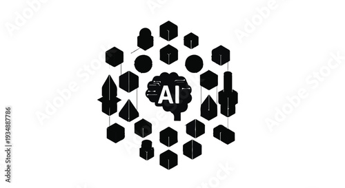 Artificial intelligence concept with AI logo surrounded by neural network nodes and connections on white background