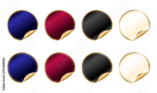めくれているシールのような立体的な加工を施したミッドナイトロイヤルブルーやガーネットボルドーおよびオニキスブラックとアイボリーパールホワイトの高級感溢れるシャンパンゴールド縁取り円形ラベルセット