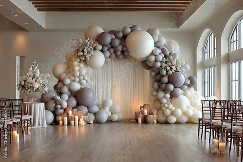Elegant wedding arch with balloons and flowers in modern event space