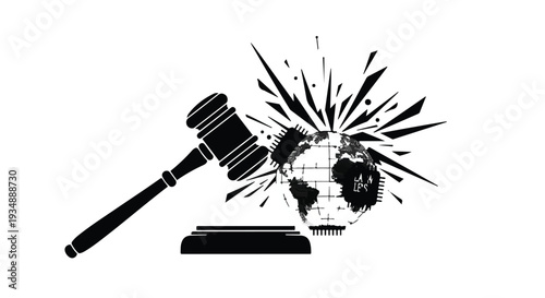 Dramatic gavel striking globe with explosive impact symbolizing justice and global change in conceptual black and white illustration
