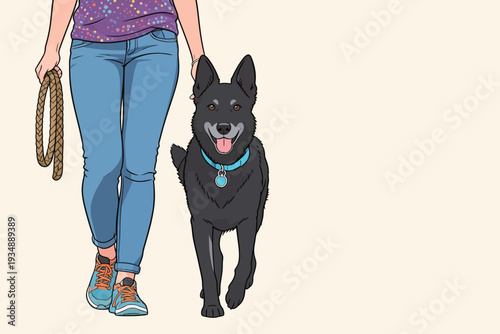 A person walks their dog in a city park with a leash in hand under clear skies. The dog appears happy and active.